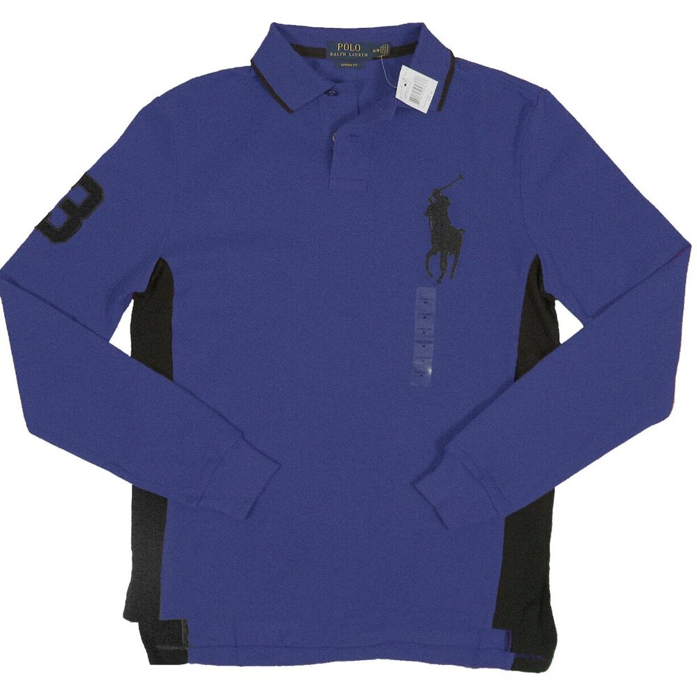 NEW $125 Polo Ralph Lauren Big Pony Polo Shirt!  Blue & Black  Long Sleeve  SLIM